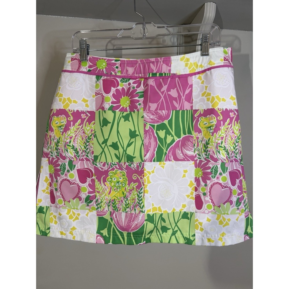 VTG LILLY PULITZER Pink Green Patch Print Skirt Skirt 10 Lion Cheetah Golf - Picture 1 of 7